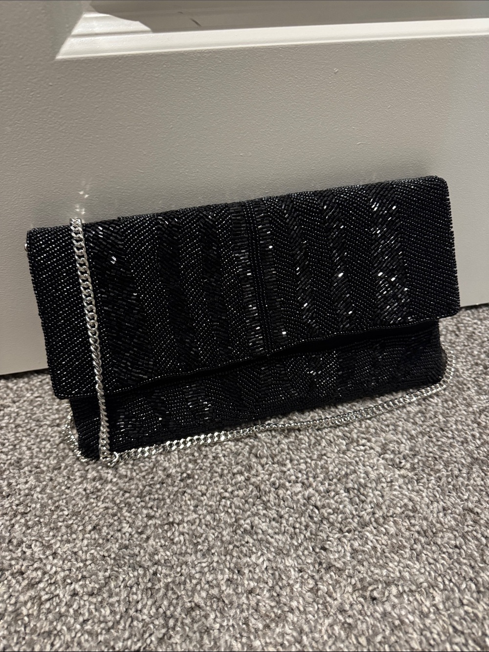 Lulus Black Beaded Fold-Over Clutch with Chain Strap
